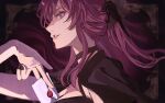  1girl between_breasts black_cape breasts cape closed_mouth envelope high_ponytail highres holding holding_envelope honkai:_star_rail honkai_(series) kafka_(honkai:_star_rail) large_breasts lips long_hair parted_lips purple_eyes purple_hair smile solo zassyoku_dd 