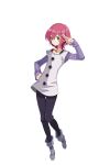 1boy androgynous disgaea disgaea_rpg eyelashes fingernails full_body glasses gowther hair_between_eyes long_sleeves male_focus nanatsu_no_taizai official_art pants red_hair salute shoes solo transparent_background yellow_eyes 