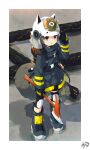  1girl :o absurdres animal_ears animal_ears_helmet arknights axe black_footwear black_gloves black_jacket blush boots brown_eyes brown_hair commentary_request fake_animal_ears fire_axe fire_helmet firefighter firefighter_jacket full_body gloves hand_up highres jacket karasutsuki knee_pads long_sleeves looking_at_viewer parted_lips shaw_(arknights) signature sleeves_past_wrists solo squirrel_tail standing tail white_headwear 
