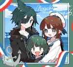  1girl 2boys anchor black_jacket blue_border blue_eyes blue_hair blue_neckerchief blue_ribbon blue_shirt blunt_bangs border braid bright_pupils brown_hair child closed_mouth cloud collarbone couple eyepatch fang father_and_son funamusea fur-trimmed_jacket fur_trim green_background green_eyes green_hair grey_eyes hashtag_only_commentary hat inset_border jacket light_blush long_hair looking_at_viewer minami_(funamusea) mother_and_son mugime_(oretekisunshine) multiple_boys neckerchief oounabara_to_wadanohara open_mouth pointy_ears ribbon sailor_collar sailor_hat samekichi_(wadanohara) school_uniform serafuku shark_boy shark_fin shirt short_hair sidelocks sky smile torii triangle_mouth twin_braids wadanohara water white_border white_headwear white_pupils white_sailor_collar white_serafuku 