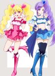  2girls :d aono_miki blonde_hair blue_choker blue_footwear blue_skirt boots choker commentary_request cure_berry cure_peach dress earrings fresh_precure! frilled_skirt frills hair_ornament hairband hana_(rwjv5287) happy high_heel_boots high_heels jewelry knee_boots kneehighs long_hair looking_at_viewer magical_girl midriff momozono_love multiple_girls navel open_mouth pink_choker pink_dress pink_footwear precure puffy_sleeves side_ponytail skirt smile socks thighhighs thighs twintails very_long_hair wrist_cuffs 