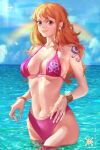  1girl bikini bracelet breasts character_name commentary copyright_name earrings english_commentary english_text eyelashes happy jewelry jolly_roger large_breasts log_pose long_hair looking_at_viewer nami_(one_piece) navel ocean one_piece orange_eyes orange_hair pink_bikini rainbow sky smile solo standing straw_hats_jolly_roger swimsuit tattoo wavy_hair yellow70377686 