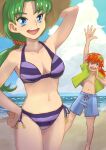  1boy 1girl beach bikini bis_toratora blue_eyes breasts cloud commission earrings freckles goggles goggles_on_headwear grandia grandia_i green_hair hat innertube jewelry justin_(grandia) lily_(grandia) long_hair looking_at_viewer mother_and_son navel ocean open_mouth outdoors purple_hair red_hair sand shorts skeb_commission smile swim_ring swimsuit 