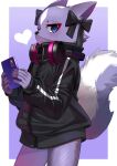 &lt;3 2023 5_fingers absurd_res aggretsuko anthro black_nose blue_eyes blush bow_accessory cellphone claws clothed clothing digital_media_(artwork) electronics eyelashes female female_anthro finger_claws fingers fluffy fluffy_tail fur headphones hi_res holding_cellphone holding_object holding_phone holding_smartphone jacket kamenosachi kemono looking_at_viewer mammal mephitid multicolored_body multicolored_fur pantsless_anthro pantsless_female phone purple_body purple_fur sanrio shikabane_(aggretsuko) skunk smartphone solo tail topwear two_tone_body two_tone_fur two_tone_tail white_body white_fur