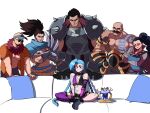  abs absurdres armor bald bangs bare_shoulders black_hair blue_hair braid braum_(league_of_legends) couch darius_(league_of_legends) facial_hair fingerless_gloves glasses gloves hat highres jinx_(league_of_legends) league_of_legends lee_sin long_hair looking_at_viewer mature_male meme multiple_boys multiple_girls muscular muscular_male mustache on_couch pillow pink_eyes piper_perri_surrounded_(meme) ponytail scar scar_on_face short_hair sitting smile tattoo tina_fate toned toned_male twin_braids vayne_(league_of_legends) very_long_hair yasuo_(league_of_legends) yuumi_(league_of_legends) 
