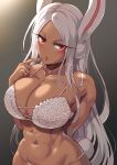  1girl abs absurdres animal_ears bare_shoulders boku_no_hero_academia bra breasts cleavage collarbone criss-cross_straps dark-skinned_female dark_skin finger_to_mouth harurukan highres large_breasts long_hair looking_at_viewer mirko nail_polish navel panties parted_bangs parted_lips rabbit_ears rabbit_girl rabbit_tail red_eyes red_nails skindentation solo stomach tail toned twitter_username underwear very_long_hair white_bra white_hair white_panties 