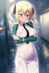  1girl angelina_kudou_shields arms_under_breasts blonde_hair blue_eyes blue_ribbon blurry blurry_background blush breast_hold breasts closed_mouth covered_navel covered_nipples crossed_arms dress drill_hair hair_between_eyes hair_ribbon highres large_breasts long_sleeves looking_at_viewer mahouka_koukou_no_rettousei medium_hair night no_bra no_panties outdoors paid_reward_available pasya-pasya rain ribbon school_uniform see-through shrug_(clothing) solo twin_drills wet wet_clothes wet_dress 