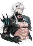  003_ssq 1boy abs alchemy_stars bara bare_pectorals barton_(alchemy_stars) claws cropped_torso framed_pectorals highres long_hair looking_at_viewer male_focus muscular muscular_male navel pectorals scar smile solid_beard solo thick_eyebrows unfinished white_hair 