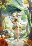 1girl :d artist_name bangs bare_shoulders colored_tips commentary_request cross-shaped_pupils crystalfly_(genshin_impact) day dress falling_petals feet floating_hair flower forest genshin_impact gradient_hair green_eyes green_hair hair_ornament highres holding holding_leaf leaf leaf_hair_ornament leg_up long_hair looking_at_viewer multicolored_hair nahida_(genshin_impact) nature open_mouth outdoors petals plant pointy_ears ripples shallow_water short_dress side_ponytail sidelocks smile socks standing standing_on_one_leg stirrup_legwear teeth thighs toeless_legwear tree two-tone_hair upper_teeth water white_dress white_flower white_hair white_socks yeurei 