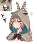  1girl black_bow black_bowtie black_hair bow bowtie brown_eyes brown_hair commentary english_commentary feather_hair_ornament feathers hair_between_eyes hair_ornament hair_through_hood highres hololive hololive_english hood hood_up light_blush long_hair looking_at_viewer multicolored_hair nanashi_mumei nanashi_mumei_(1st_costume) ponytail portrait reference_inset shuuzo3 simple_background smile smug solo sparkle virtual_youtuber white_background white_hair 