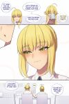  2girls ahoge artoria_pendragon_(fate) artoria_pendragon_(lancer)_(fate) bad_source blonde_hair braid breasts english_text fate/grand_order fate_(series) french_braid green_eyes highres large_breasts long_hair lvl_(sentrythe2310) multiple_girls saber_(fate) sidelocks speech_bubble 