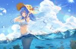  1girl absurdres air_bubble alternate_costume ayloss bikini bikini_skirt bird blue_hair blue_sky blurry blush boat breasts bubble cleavage cloud commentary_request cumulonimbus_cloud day depth_of_field fish flower frilled_bikini frills front-tie_bikini_top front-tie_top ganyu_(genshin_impact) genshin_impact hat hat_flower hat_tug highleg highleg_bikini highres lens_flare long_hair looking_at_viewer medium_breasts ocean open_mouth outdoors partially_underwater_shot purple_eyes seagull sky solo standing straw_hat sun sun_hat swimsuit wading watercraft white_bikini 