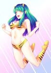  1girl :d animal_print bikini boots breasts clenched_hands commentary_request fang full_body gradient_hair green_hair hand_on_own_stomach highres horns knee_boots long_hair lum medium_breasts multicolored_hair navel noise_(tsuzuki) open_mouth pointy_ears print_bikini print_footwear purple_hair simple_background smile solo swimsuit tiger_print urusei_yatsura yellow_eyes 