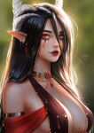  1girl black_hair blurry blurry_background breasts earrings facial_mark gem gold_choker hair_between_eyes horns jewelry large_breasts lips long_hair looking_at_viewer nixri original pointy_ears red_eyes red_gemstone solo upper_body 