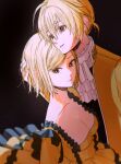  1boy 1girl absurdres ahoge aku_no_meshitsukai_(vocaloid) aku_no_musume_(vocaloid) black_shirt black_trim blonde_hair breasts brown_background cleavage closed_mouth collarbone dress frilled_dress frills hand_on_another&#039;s_head height_difference highres incest jacket kagamine_len kagamine_rin large_breasts light_particles looking_to_the_side miyononon shirt short_hair short_ponytail siblings sidelocks simple_background swept_bangs twins vocaloid yellow_dress yellow_eyes yellow_jacket 