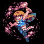  1girl american_flag american_flag_dress american_flag_legwear arm_up black_background blonde_hair brown_eyes clownpiece commentary_request fairy_wings fire full_body highres holding holding_torch long_hair looking_at_viewer medium_bangs no_headwear no_shoes open_mouth pantyhose pixel_art solo star_(symbol) star_print striped_clothes striped_pantyhose tonchamon_san torch touhou wings 