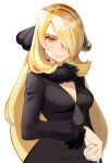  1girl =_(9_yawbus) black_coat blonde_hair breasts brown_eyes cleavage closed_mouth coat commentary_request cynthia_(pokemon) fur-trimmed_coat fur-trimmed_sleeves fur_collar fur_trim hair_ornament hair_over_one_eye highres holding holding_poke_ball long_hair long_sleeves looking_at_viewer medium_breasts one_eye_covered poke_ball pokemon pokemon_dppt simple_background smile solo v-neck very_long_hair white_background 