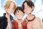  3boys ^_^ arm_tattoo ascot black_coat black_hair blonde_hair blue_shirt closed_eyes cloud coat collared_coat collared_shirt commentary_request freckles highres jewelry male_focus monkey_d._luffy multiple_boys necklace nekochanko1 one_piece open_clothes open_shirt portgas_d._ace red_shirt sabo_(one_piece) scar scar_on_chest scar_on_face shirt short_hair sky smile tattoo topless_male white_ascot 