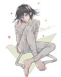  1boy barefoot black_hair bound bound_arms character_name collarbone commentary_request danganronpa_(series) danganronpa_v3:_killing_harmony dated full_body grey_eyes hair_between_eyes jacket knee_up long_sleeves looking_at_viewer male_focus muted_color off_shoulder oma_kokichi pale_skin pants shirt_slip short_hair simple_background sitting smile solo star_(symbol) straitjacket twitter_username white_background white_pants white_theme yamaikana 