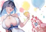  1girl alternate_costume armlet balloon bare_shoulders birthday_cake black_hair blue_eyes blue_hair blue_nails blush breasts breasts_apart cake candle chain colored_inner_hair commentary confetti cup dress drooling english_commentary fingernails food fruit hair_intakes halter_dress halterneck hand_up highres holding holding_cup hololive hololive_english kronie_(ouro_kronii) large_breasts layer_cake long_fingernails long_long_life mouth_drool multicolored_hair nail_polish o-ring open_mouth ouro_kronii short_hair skindentation solo strawberry two-tone_hair underbust upper_body virtual_youtuber white_background white_dress 