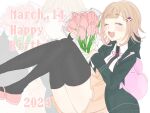  1girl 2024 :d backpack bag black_jacket black_shirt black_thighhighs blunt_bangs blush bouquet brown_hair closed_eyes danganronpa_(series) danganronpa_2:_goodbye_despair dated dress_shirt flower happy_birthday highres holding holding_bouquet jacket multiple_views nanami_chiaki neck_ribbon open_clothes open_jacket pink_bag pink_eyes pink_flower pink_footwear pink_ribbon ribbon san_dong shirt smile teeth thighhighs upper_teeth_only white_shirt zoom_layer 