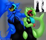 4_fingers animal_humanoid anthro arm_around_shoulders big_breasts black_clothing blue_body blue_eyes blue_fur blue_hair breasts canid canine claws clothing crossed_arms cybernetics cyborg dress dress_only duo duo_focus fingers fluffy fur green_body green_fur green_hair grinning_at_viewer group hair hand_on_hip hi_res humanoid hybrid long_tail machine mammal mammal_humanoid protogen protogen_visor shark_tail smile smiling_at_another smiling_at_each_other smiling_at_viewer sokoyo_owo starry_(sokoyo_owo) tail watermelon_(sokoyo_owo) yellow_eyes