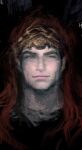  1boy all_lee24 armor black_background circlet close-up closed_mouth elden_ring full_armor gold gold_headwear jewelry light_smile long_hair looking_to_the_side portrait red_hair simple_background smile solo starscourge_radahn yellow_eyes 