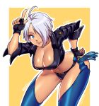 1girl ahoge angel_(kof) bangs bent_over blue_eyes bra breasts chaps cleavage cropped_jacket finger_horns fingerless_gloves gloves hair_over_one_eye highres horns_pose index_fingers_raised jacket large_breasts leaning leaning_forward leather leather_jacket looking_at_viewer panties simple_background snk solo standing strapless strapless_bra the_king_of_fighters the_king_of_fighters_xiv toned underwear white_hair zeshgolden 
