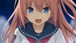  1girl ao_no_kanata_no_four_rhythm bangs blue_eyes blue_sailor_collar blue_sky close-up cloud collarbone collared_shirt floating_hair game_cg hair_between_eyes kurashina_asuka long_hair looking_at_viewer neckerchief open_mouth pink_hair portrait red_neckerchief sailor_collar sailor_shirt school_uniform serafuku shirt sky solo suzumori v-shaped_eyebrows white_shirt 