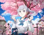  1girl bag black_clover black_clover_m:_rise_of_the_wizard_king blue_bag blue_neckerchief blue_sailor_collar blue_sky breasts cherry_blossoms clenched_hands day falling_petals flower grey_hair highres looking_at_viewer medium_breasts medium_hair neckerchief noelle_silva official_alternate_costume official_art outdoors petals pink_flower pink_petals purple_eyes sailor_collar school_bag school_uniform serafuku shirt sky smile solo tree twintails upper_body white_serafuku white_shirt 