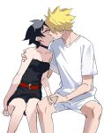  1boy 1girl black_dress black_hair blonde_hair boruto:_naruto_next_generations boruto:_two_blue_vortex cat_(pixiv5891854) closed_eyes commentary_request dress earrings glasses hetero highres holding_hands jewelry kiss naruto_(series) pointy_hair shirt short_hair short_sleeves shorts simple_background sitting strapless strapless_dress uchiha_sarada uzumaki_boruto white_background white_shirt white_shorts 