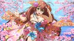  1girl alternate_costume antenna_hair bare_arms blue_ribbon breasts brown_hair cherry_blossoms cleavage collarbone dress floating_hair flower glasses green_eyes hair_flower hair_ornament highres ikkitousen large_breasts long_hair neck_ribbon official_art pink_dress pink_flower ribbon ryuubi_gentoku shiny shiny_hair shiny_skin solo spring_(season) strapless strapless_dress very_long_hair 