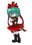  1girl @_@ arm_ribbon bow dress frilled_ribbon frills front_ponytail green_eyes green_hair hair_bow hair_ribbon kagiyama_hina m24_chair open_mouth red_dress red_ribbon ribbon solo touhou white_background 