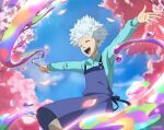  1boy apron black_clover black_clover_m:_rise_of_the_wizard_king blue_apron blue_shirt blue_sky cherry_blossoms closed_eyes day magic official_alternate_costume official_art open_mouth outdoors outstretched_arms paintbrush petals pink_petals rill_boismortier rose_petals shirt short_hair sky solo spiked_hair spread_arms teeth upper_teeth_only white_hair 