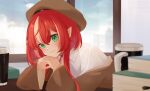  absurdres bad_source beret book cape green_eyes hat highres itorio_fransuaza light_smile looking_at_viewer original pointy_ears red_hair shirt short_hair_with_long_locks smile white_shirt 