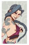  1girl bare_shoulders black_gloves blush border cloud_tattoo crop_top fingerless_gloves gloves grin highres jinx_(league_of_legends) league_of_legends long_braid nipple_piercing parted_bangs piercing pink_eyes pink_shirt shirt shoulder_tattoo smile solo stomach_tattoo striped_clothes striped_shirt tattoo tdp teeth white_border 