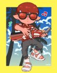  1boy artist_name black-framed_eyewear blue_sky border closed_mouth cloud dancing full_body grey_pants hawaiian_shirt hiking_sandals holding holding_weapon inkling inkling_boy inkling_player_character male_focus musical_note nekoiktk outside_border palm_tree pants pointy_ears red-tinted_eyewear sandals shirt short_hair sky solo splat_brella_(splatoon) splatoon_(series) splatoon_3 standing standing_on_one_leg tentacle_hair tinted_eyewear tree weapon white_footwear yellow_border 