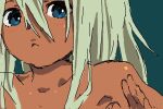  androgynous blue_eyes kirim_(fugo) long_hair matsuo_yuusuke original simple_background sketch tan topless white_hair 