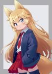  1girl animal_ears black_thighhighs blonde_hair blue_cardigan blue_eyes cardigan cowboy_shot croixsan dot_nose expressionless fox_ears fox_girl fox_tail hair_between_eyes hands_in_pockets long_hair long_sleeves looking_at_viewer multicolored_eyes necktie open_cardigan open_clothes original pink_eyes pleated_skirt red_necktie red_skirt school_uniform shirt short_eyebrows skirt solo standing tail tail_under_clothes thick_eyebrows thighhighs white_shirt zettai_ryouiki 