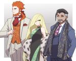  1girl 2boys alternate_costume beard blonde_hair buttons closed_mouth collared_shirt commentary_request dress earrings facial_hair fur_jacket green_eyes green_nails hair_over_shoulder hand_in_pocket highres honda_(honndamaria) jacket jewelry long_hair lusamine_(pokemon) lysandre_(pokemon) multiple_boys nail_polish necktie open_clothes open_jacket orange_hair orange_vest pants pokemon pokemon_sm pokemon_swsh pokemon_xy ponytail red_necktie rose_(pokemon) scarf shirt short_hair undercut vest white_shirt 