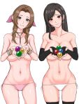  2girls aerith_gainsborough black_hair blush bolo_tie bow bracelet breasts brown_eyes brown_hair cameltoe commentary_request covering_breasts covering_privates final_fantasy final_fantasy_vii final_fantasy_vii_remake fingerless_gloves gloves green_eyes hair_bow highres jewelry large_breasts long_hair materia medium_breasts multiple_girls panties parted_bangs pink_bow pink_panties side-tie_panties simple_background smile swept_bangs thigh_gap thighhighs tifa_lockhart topless underwear user_hvxf8778 white_background white_panties 