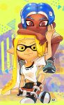  1boy 1girl blonde_hair blue_hair closed_mouth commentary_request dark-skinned_male dark_skin eyebrow_cut green_background hand_on_another&#039;s_head highres inkling inkling_girl inkling_player_character long_hair multicolored_background octoling octoling_boy octoling_player_character phoebe_nemo pointy_ears red_eyes shirt shoes short_hair sitting smile splatoon_(series) splatoon_3 tentacle_hair torn_clothes torn_shirt white_shirt yellow_eyes 