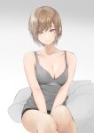  1girl a9_(repainter) absurdres between_legs black_shorts breasts bright_pupils brown_hair cleavage closed_mouth collarbone commentary earclip grey_tank_top hand_between_legs highres looking_at_viewer medium_breasts original red_eyes short_hair shorts sidelocks solo tank_top 