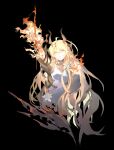  1girl absurdres arknights arm_up black_background blonde_hair breasts burnt_clothes commentary_request dabaijiang_memeda dress fire hair_between_eyes highres horns long_hair parted_lips reed_(arknights) simple_background small_breasts solo very_long_hair white_dress 