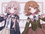  1boy 1girl :o black_jacket blush brown_hair brown_skirt danganronpa:_trigger_happy_havoc danganronpa_(series) danganronpa_2:_goodbye_despair dress_shirt fujisaki_chihiro galaga green_jacket hair_ornament highres holding hood hood_down jacket light_brown_hair medium_hair nanami_chiaki neck_ribbon open_clothes open_jacket pink_eyes pleated_skirt ribbon ringo_ame_no_ria same_birthday shirt shirt_tucked_in skirt translation_request 