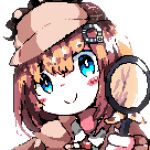  1girl blonde_hair blue_eyes blush_stickers brown_coat brown_headwear c: coat commentary deerstalker downvote english_commentary hair_ornament hand_up hat holding holding_magnifying_glass hololive hololive_english looking_at_viewer magnifying_glass monocle_hair_ornament necktie pixel_art portrait red_necktie shirt simple_background smile solo watson_amelia white_background white_shirt wing_collar 