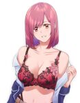  1girl arato_hisako bangs bra breasts cleavage clothes_down collarbone colored_inner_hair grin lingerie long_hair long_sleeves looking_at_viewer medium_breasts midriff multicolored_hair navel open_clothes open_shirt orange_eyes pink_hair purple_hair red_bra saruno_(eyesonly712) shiny shiny_hair shirt shokugeki_no_souma simple_background smile solo stomach straight_hair underwear upper_body white_background white_shirt 