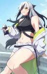  1girl bare_shoulders black_hair black_shirt blue_sky blush bottle breasts cloud commentary_request fate/grand_order fate_(series) green_eyes highres holding holding_bottle jacket long_hair looking_at_viewer medium_breasts midriff multicolored_hair nagao_kagetora_(fate) navel off_shoulder open_clothes outdoors sakuraike shirt shorts sitting sky sleeveless sleeveless_shirt solo stomach streaked_hair thighs tongue tongue_out two-tone_hair uesugi_kenshin_(fate) uesugi_kenshin_(second_ascension)_(fate) very_long_hair white_hair white_jacket white_shorts 