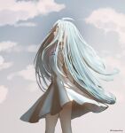  1girl absurdly_long_hair absurdres arms_behind_back blue_hair choker closed_eyes cloud dress from_side gem granblue_fantasy highres itsukaonline light_blue_hair long_hair lyria_(granblue_fantasy) muted_color open_mouth outdoors ribs sky sleeveless sleeveless_dress solo standing very_long_hair white_dress 