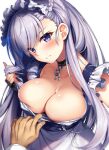  1girl 1other apron azur_lane belfast_(azur_lane) black_gloves blush braid breasts broken broken_chain chain cleavage collarbone commander_(azur_lane) corset covered_nipples dress eyes_visible_through_hair fingerless_gloves french_braid frilled_dress frills gloves hand_in_own_hair head_tilt highres large_breasts long_hair looking_at_viewer maid_apron maid_headdress out_of_frame parted_lips pov pov_hands purple_eyes purple_hair raiou revision simple_background sleeveless sleeveless_dress solo_focus very_long_hair white_background 